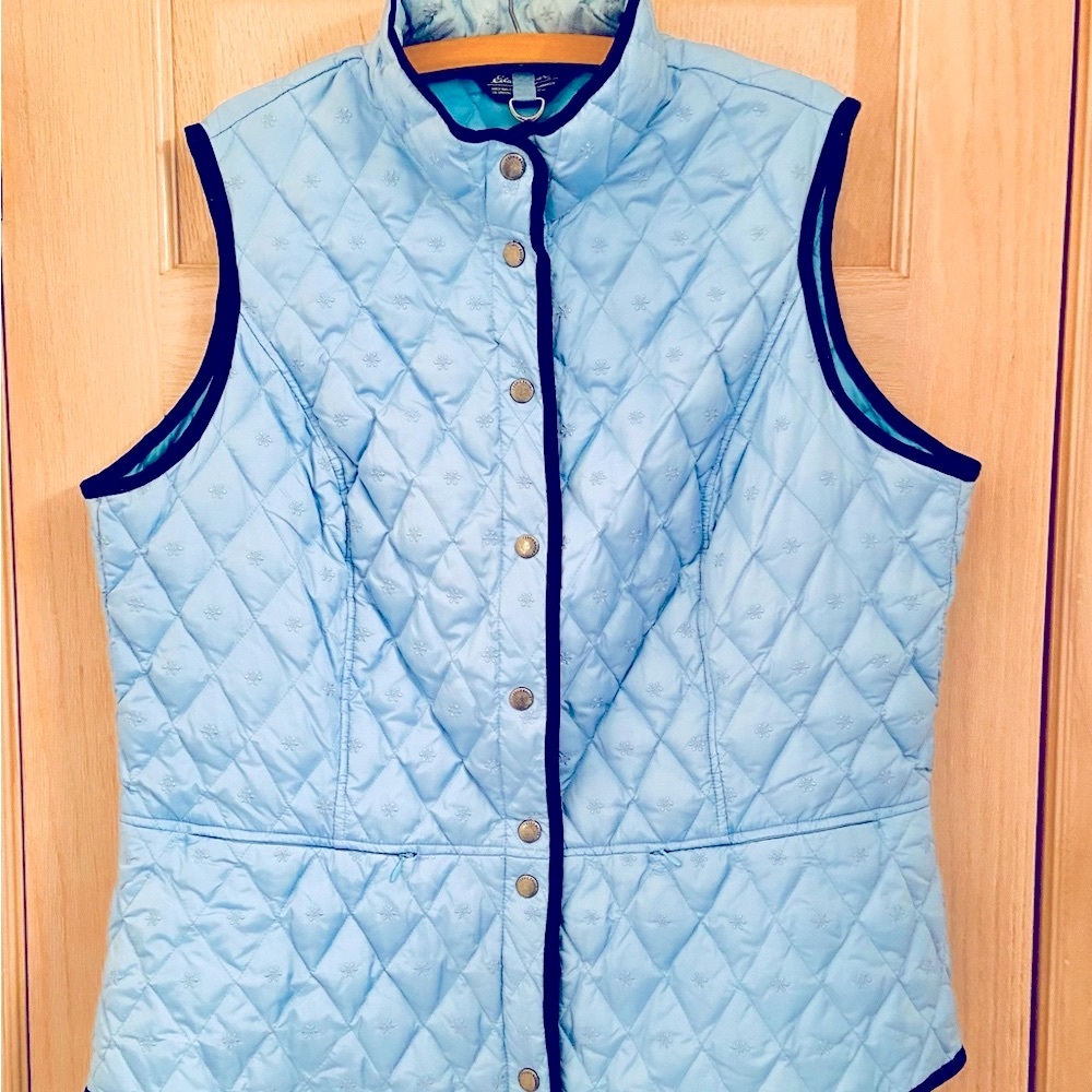 Eddie Bauer Light Blue Quilted Vest with Navy Trim